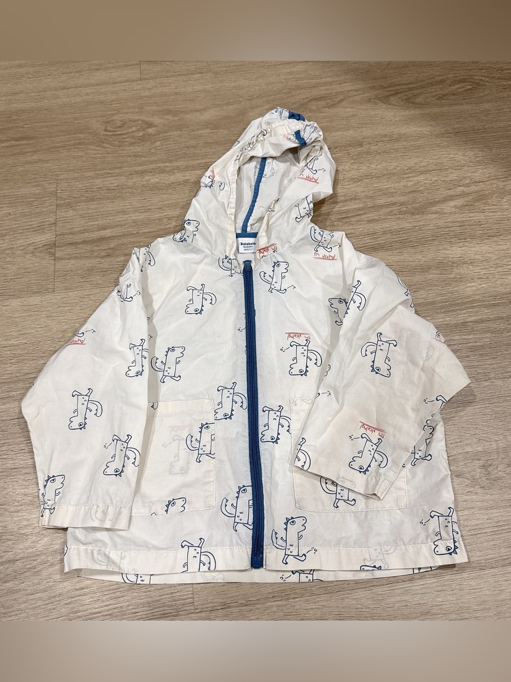 Balabala Kids White Hooded Jacket with Blue Zip - Playful Animal Print